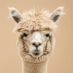 Fototapeta premium Portrait of an Adorable Alpaca with Fluffy Wool in a Studio Setting for the International Year of Camelids Campaign