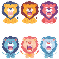 Six lions exhibit various emotions colors. Top row cheerful yellow lion, angry orange lion, sad red lion. Bottom happy blue laughing pink shocked light blue lion
