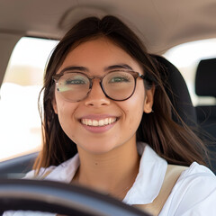Young beautiful hispanic woman driving a car smiling wearing glasses on the road isolated on white background, simple style, png
