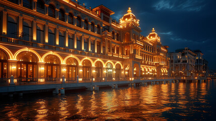 Fototapeta premium Discover the art of facade lighting in architectural construction,generative ai