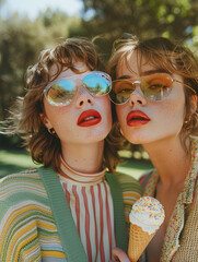 Obraz premium Couple women LGBT blonde hair red lipstick holding ice cream cone, smiling, standing near beach