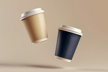 Two coffee cups airborne on brown background