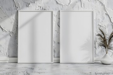 Two white frames, white wall, plant nearby