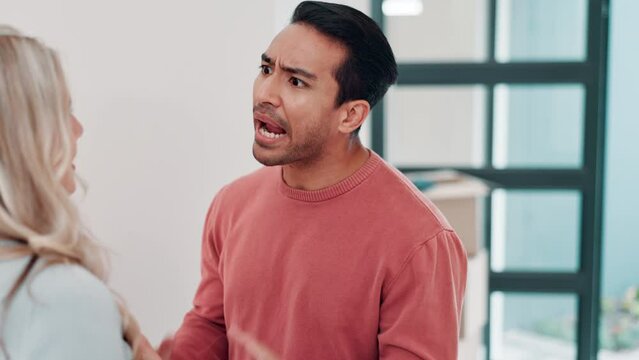 Couple, fight and argument in house with angry conversation, relationship problems and divorce for toxic marriage. Woman, man and anger for cheating, love crisis and affair with betrayal and conflict