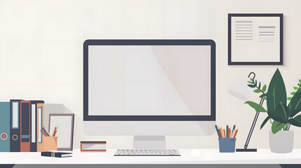 A side view image of a computer desk in a contemporary office or home office, a computer mockup isolated on white background, flat design, png
