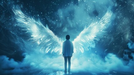Obraz premium Angel with feathers wings in cloudy sky wallpaper background