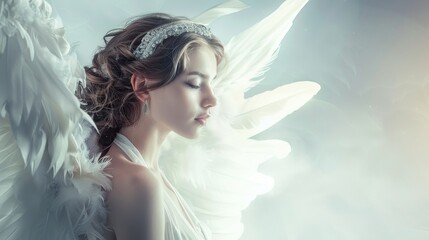 Angel with feathers wings in cloudy sky wallpaper background	