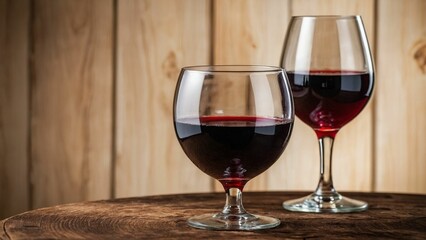 Close-up of a glass of red wine, rustic wood background, a glass of wine on the wooden table 
