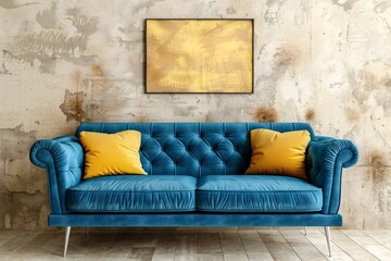 Loft Home Interior Design with Blue Sofa and Yellow Pillows
