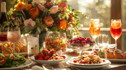 A beautifully arranged table featuring a brunch spread with pastries, fruits, and drinks in a sunny, inviting ambiance.