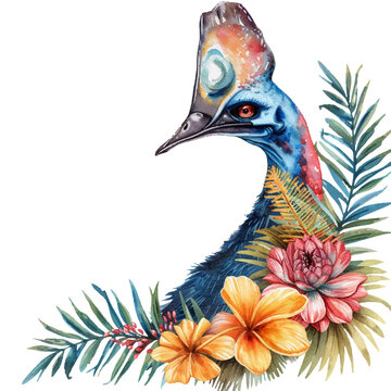 recommend clip art: cassowary bird and tropical leaves watercolor vector illustration for background