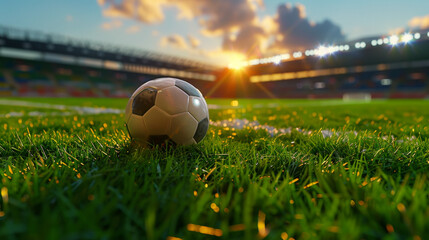 A soccer ball on the green field of a stadium with sunset light and a blurred background, depicting a copy space concept. Using a wide angle lens to capture a realistic daylight scene