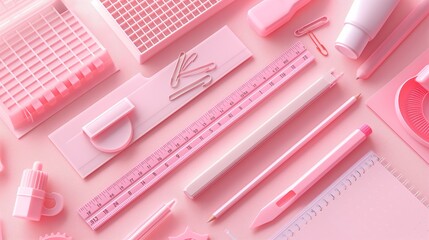 Pink office supplies featuring rulers, paper clips, cutting knife, stapler, tape, and organizer. Background with copy space.