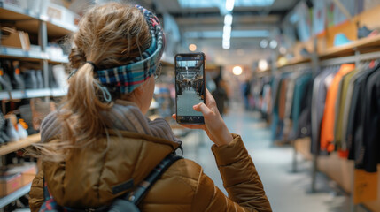 Young woman capturing photos of clothing racks in a retail store using her smartphone.