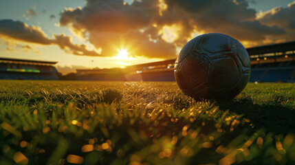 A soccer ball on the green field of a stadium as the sun sets, a wide angle lens photo shoot in the...