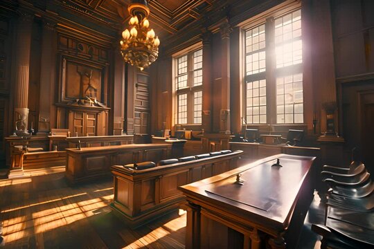 American Courtroom, Empty Courthouse, Supreme Court of Law and Justice Trial Stand, Grand Wooden Interior with Judge's Bench, Defendant's and Plaintiff's Tables, Generative AI Illustration