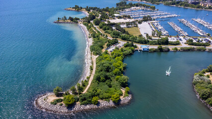 Naklejka premium Drone of Humber Bay Park with Marina - Toronto Spring Summer Season - Mimico, Etobicoke, Ontario, Canada.