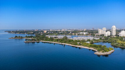 Fototapeta premium Humber Bay Park West in Toronto during the Summer - Drone - Mimico, Etobicoke, Ontario, Canada.