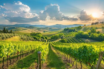 Fototapeta premium The sun shines brightly over a vineyard nestled in the hills of Tuscany, showcasing rows of lush grapevines