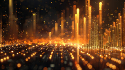 3D rendering of a gold stock market graph and cityscape on a dark background with a bokeh effect. Concept for financial data, charts or global business technology concepts