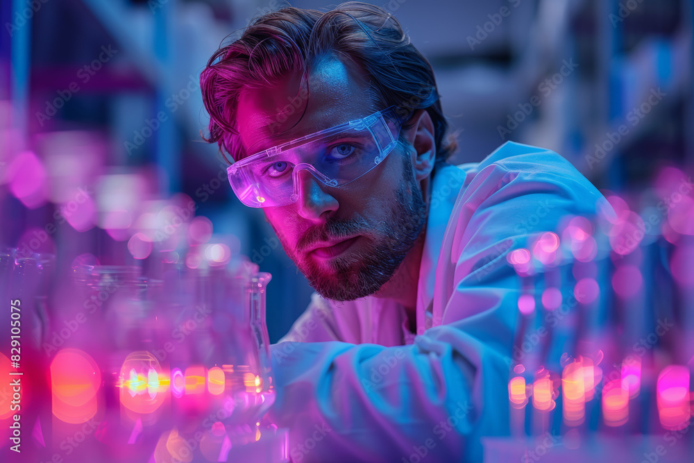 Poster a scientist conducting experiments that result in unexpected wonders. concept of scientific creativi