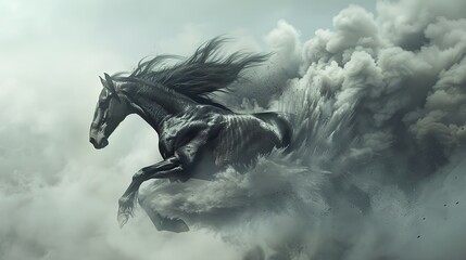 a beautiful flying horse with wings pegasus. winged divine stallion mythical creature from greek mythology. high in the beautiful sky at sunset in the clouds