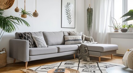 Modern Scandinavian home interior featuring a cozy gray sofa