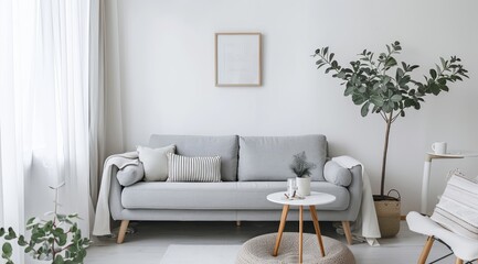 Modern Scandinavian home interior featuring a cozy gray sofa