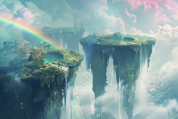 A surreal landscape featuring floating islands with a vibrant rainbow stretching across the sky