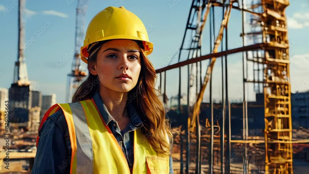 Poster engineer builder with helmet and blueprints at construction site background