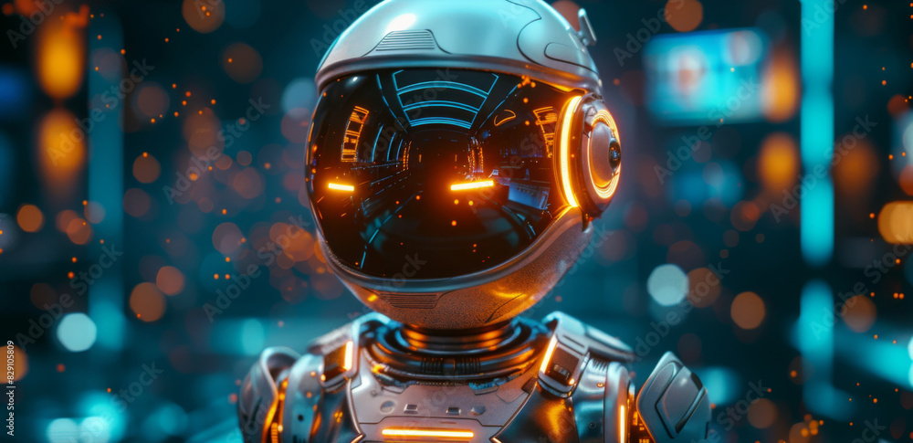 Poster futuristic robot with a glowing face in a high-tech environment, illustrating advanced technology.