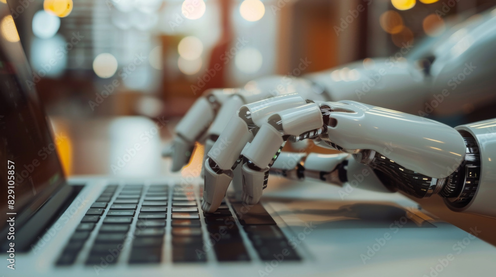 Poster close-up of a robotic hand typing on a laptop, showcasing automation and technology in action.