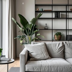 Modern Scandinavian home interior featuring a light gray sofa, minimalist shelving, and a large indoor plant