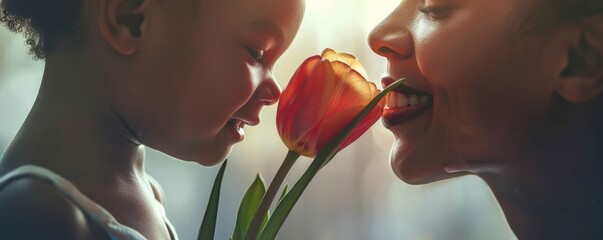 Mother and child sharing a moment smelling a tulip