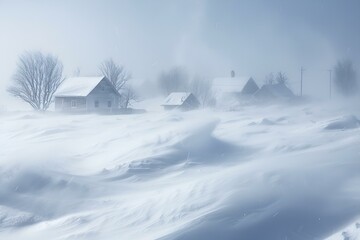 Zasypana śniegiem wioska podczas zamieci