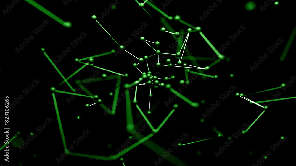 Poster moving structure of points, lines and triangles. design. the camera flies inside the structure on a 