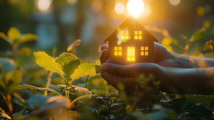 A conceptual image of a hand holding a model house against a lush, green backdrop during sunset.