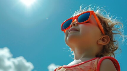 Child with red sunglasses looking at the sky on a sunny day