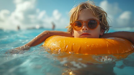 Boy floating in water with orange inflatable ring