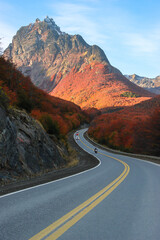 National Route N3 with a view of Mount Olivia in the Autumn season, Ushuaia Patagonia