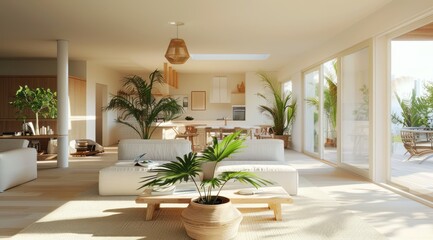 Modern Scandinavian home interior featuring an open floor plan, white and light wood furniture, and a large indoor plant