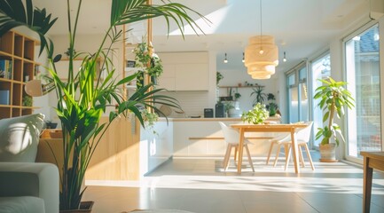 Modern Scandinavian home interior featuring an open floor plan, white and light wood furniture, and a large indoor plant