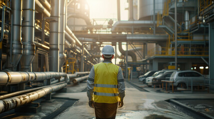 Back view of an engineer wearing a white helmet and yellow vest walking on the walkway in front of a large industrial power plant with many pipes, cars and machinery on a sunny day