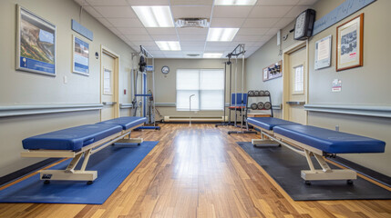 A well-equipped physical therapy room with tables and exercise equipment in a clinical setting.