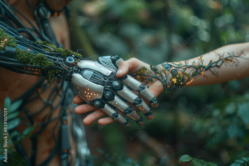 Sticker a mechanical robot shaking hands with a woodland elf. concept of technology vs. nature. generative a