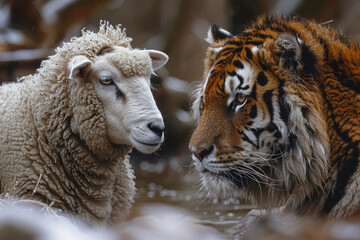A ferocious tiger eyeing a gentle lamb. Concept of predator vs. prey. Generative Ai.