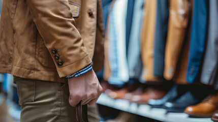 Fashionable young man shopping for stylish shoes in a boutique store.