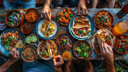 Overhead shot of a dinner table with Mexican food and hands. Tacos, beans, carnitas, habanero, salsa,generative ai