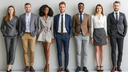 Diverse team of professional men and women in formal attire posing confidently in a line.