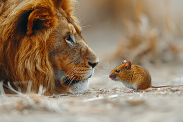 A fierce lion roaring at a quiet mouse. Concept of strength vs. meekness. Generative Ai.